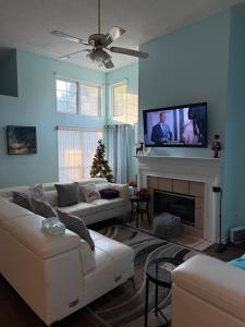 a living room with a couch and a tv on the wall at Serenity in Statesboro