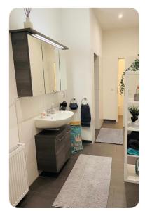a bathroom with a sink and a mirror at Ferienwohnung Marina an der Romantischen Straße in Weikersheim +19 photos