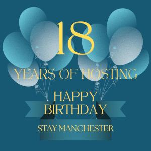 a group of balloons with the words years of nesting happy birthday at Satori Serviced Apartments in Manchester +9 photos