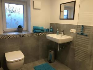 a bathroom with a sink and a toilet and a window at Ferienhaus Kollmer in Bad Koetzting +16 photos