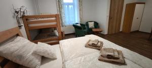 a bedroom with two beds with towels on them at Hvězda in Želnava