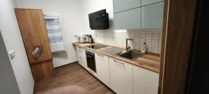 a small kitchen with white cabinets and a sink at Hvězda in Želnava