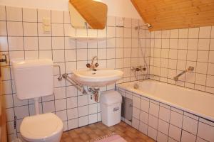 a bathroom with a toilet and a sink and a tub at Ferienhaus Riegler in Sankt Georgen bei Neumarkt +66 photos