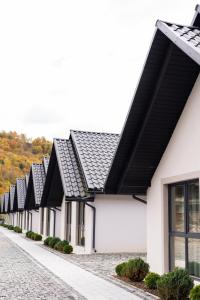 a row of houses with black roofs on a street at Mizhhirya resort in Mizhhirya