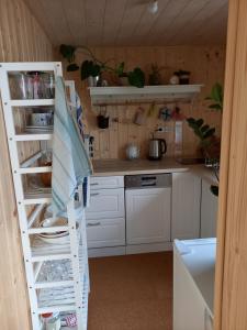 a kitchen with white cabinets and a ladder in it at Haus Elise in Saalfeld +9 photos