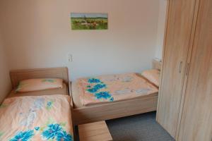 two twin beds in a room with a mirror at Gabis Ferienwohnung Zwickau in Zwickau +8 photos