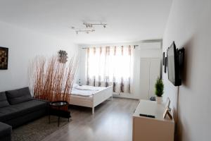 a living room with a couch and a bed at Vincellér Apartman in Villány