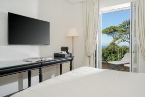 a hotel room with a bed and a desk with a television at La Tuja Relais du Parc in Vico Equense