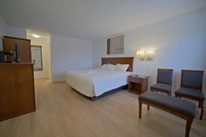 a hotel room with a bed and a chair at MXP Special Rooms in Saskatoon