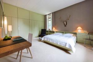 a bedroom with a bed and a desk and a table at Ringhotel Schorfheide I Waldresort Werbellinsee in Joachimsthal