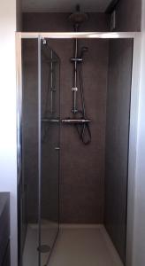 een douche met een glazen deur in de badkamer bij Atrium in Ieper
