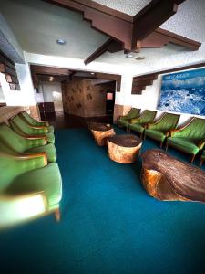ein Wartezimmer mit grünen Stühlen und einem blauen Teppich in der Unterkunft Hotel Kodama in Yamanouchi