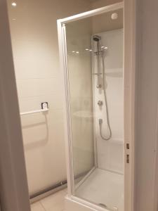 a shower with a glass door in a bathroom at STUDIO "LE BOUT DU CHEMIN" louer à la nuitée in Basse-Goulaine