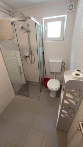 a bathroom with a shower and a toilet at Gesztenyés Üdülő in Balatonudvari +73 photos