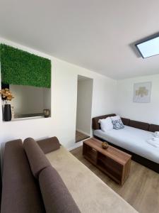 a living room with a couch and a bed at Arija Apartment Sarajevo in Sarajevo +6 photos