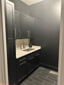 a kitchen with black cabinets and a sink at The Lyons' Den in Chicago +21 photos