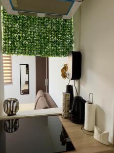 a room with a window with a green curtain at Arija Apartment Sarajevo in Sarajevo