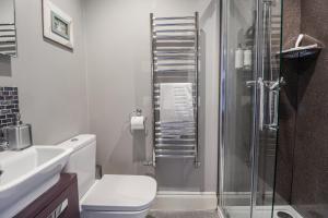 a bathroom with a shower and a toilet and a sink at Holly Lodge in Aldeburgh +45 photos