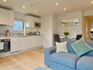 a living room with a blue couch and a kitchen at Your Space Apartments - Cambridge Place in Cambridge