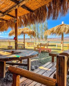 a group of picnic tables with straw umbrellas at Rancho Lamaral Hostel & Camping in Rodeo