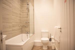 a bathroom with a toilet and a tub and a shower at Flat 2 Aylesbury Street in Bletchley