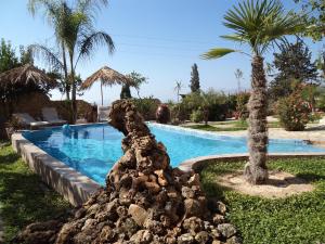 a swimming pool with palm trees and a large rock formation at Villa Petra with heated pool in Kalochorafitis