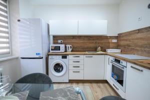 a kitchen with a washing machine and a washer at Birdhouse Apartments in Prešov