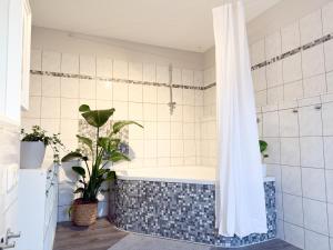 a bathroom with a tub and a potted plant at NEU - Gemütliches Apartment, Gruppen, Zentral in Erfurt