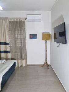 a bedroom with a bed and a tv and a window at La Campagne Ioannina Kranoula in Ioannina