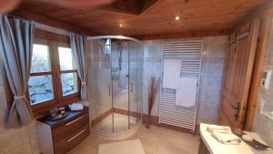 a bathroom with a shower and a sink at Ferienhaus Kleinlercher in Iselsberg