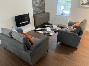 a living room with two couches and a fireplace at The Woodquay House in Galway