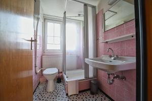 a bathroom with a sink and a toilet and a shower at Appartement-6 in Süddorf