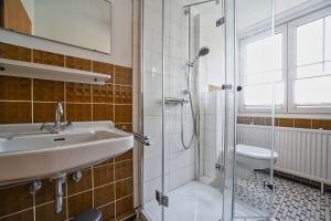 a bathroom with a sink and a shower at Appartement-7 in Süddorf