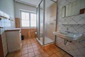 a bathroom with a sink and a shower at Appartement-9 in Süddorf +16 photos
