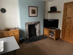 a living room with a fireplace and a television at Garth Engan B&B with private lounge in Llanbedr