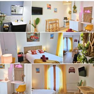 a collage of photos of a bedroom with a bed at ''Coccinelle'' WIFI - CENTRE - MODERNE in Dax