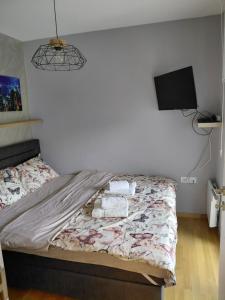 a bedroom with a bed with towels and a flat screen tv at Apartman Hedon in Vrnjačka Banja