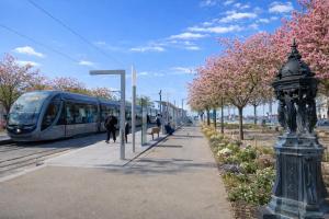 a train is traveling down a street with trees at Grande Chambre avec parking possible en supplément, BORDEAUX BASTIDE in Bordeaux