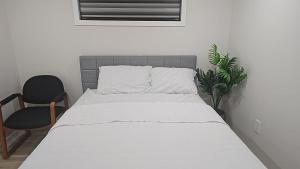 a bedroom with a bed and a chair and a plant at 2 Bedroom Suite in Transcona in Winnipeg