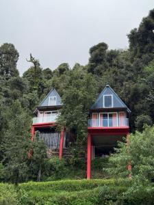 two houses on a hill with trees in the background at The Mystic Loft in Dharamshala +14 photos