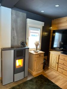 un salon avec une cheminée et une télévision dans l'établissement Tiny House, à Tüttleben