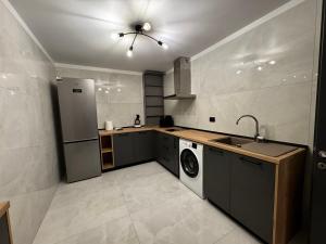 a kitchen with a refrigerator and a washer and dryer at PET apartments in Râmnicu Vâlcea +11 photos