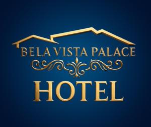 a hotel sign with a gold logo on a blue background at Hotel Bela Vista Palace in Araçariguama
