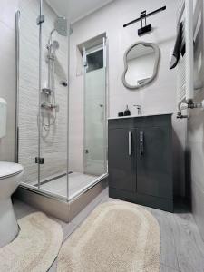 a bathroom with a shower and a toilet and a sink at Alex Vip Apartman in Hajdúszoboszló +28 photos