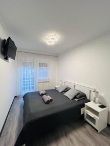 a bedroom with a large bed and a television at Alex Vip Apartman in Hajdúszoboszló