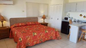 um quarto com uma cama e uma cozinha com um micro-ondas em Aruba Beach Villas em Palm-Eagle Beach