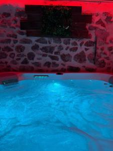 a swimming pool with blue water in front of a stone wall at Les Murmures du Rhône - Appartement Cosy et Lumineux in Andance