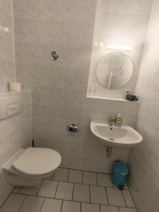 a white bathroom with a toilet and a sink at Ferienhotel Zwotatal in Klingenthal