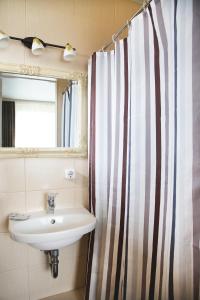 a bathroom with a sink and a shower curtain at Mamos virtuve in Avižieniai