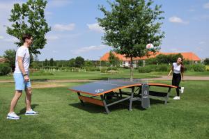 a man and a woman standing next to a ping pong table at Hotel Club Tisza in Lakitelek